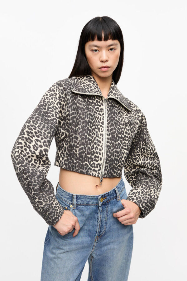 Jack Ganni / Cotton Tweed Curve Sleeve Short Jacket Leopard - Afbeelding 5
