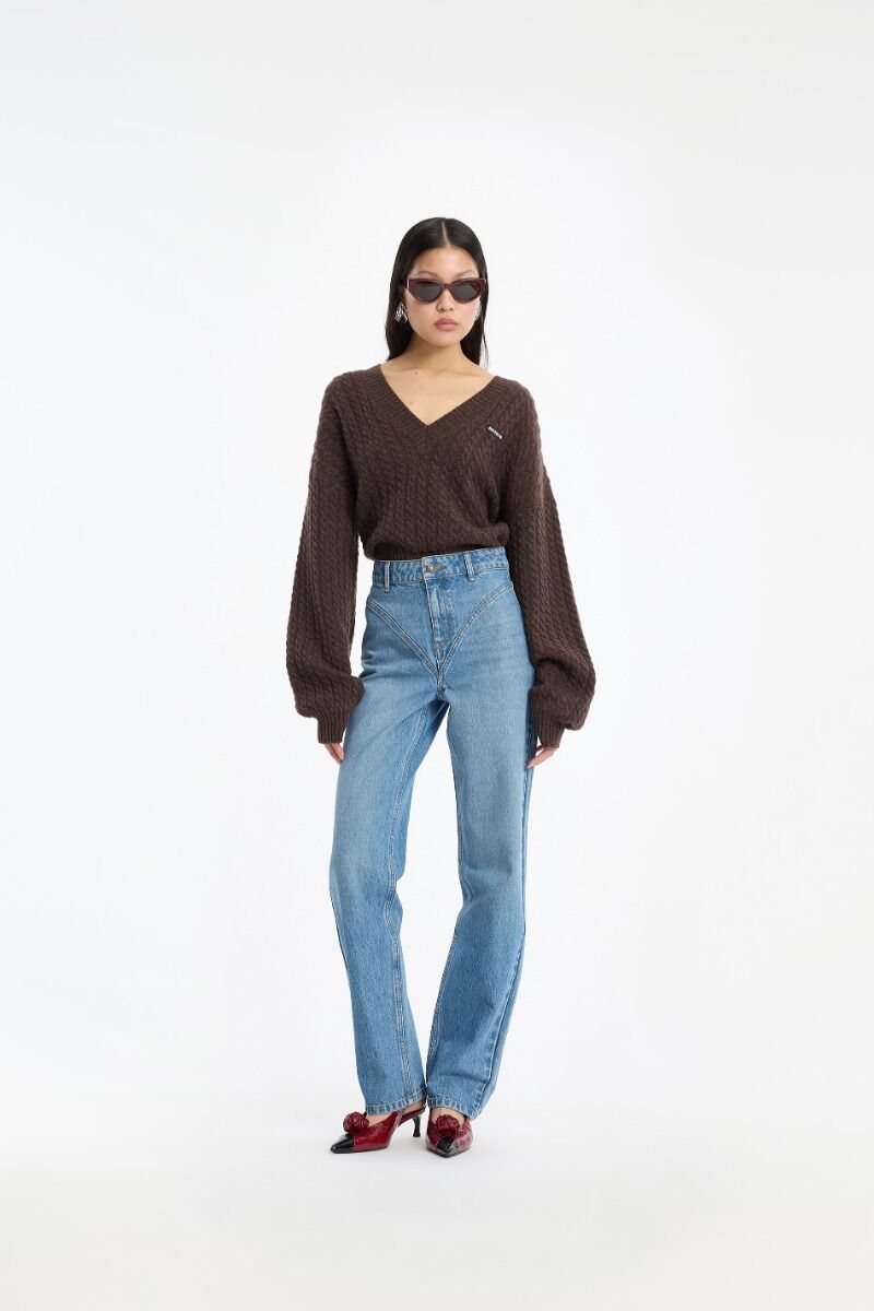 Trui Rotate Birger Christensen / Cable V-Neck Sweater Potting Soil - Afbeelding 3